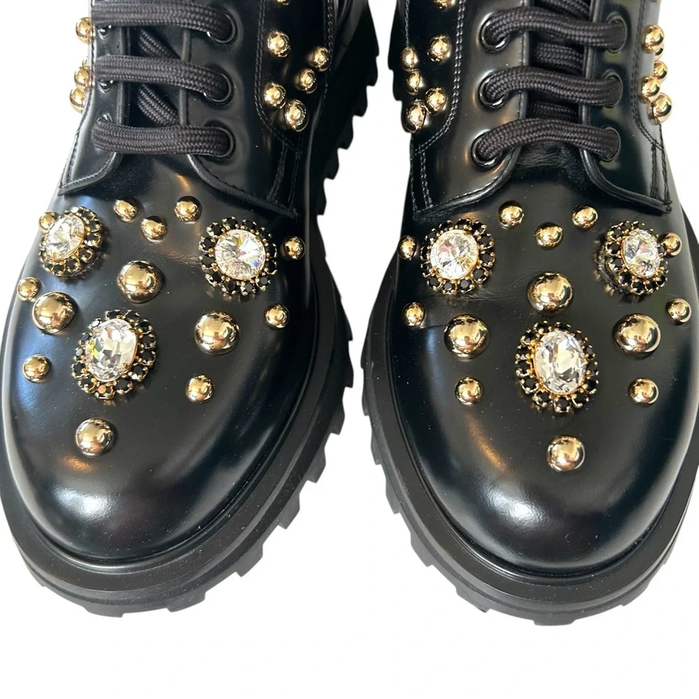 Dolce & Gabbana 9 Naxos combat boot studded jeweled lace‎ up zip crown embossed